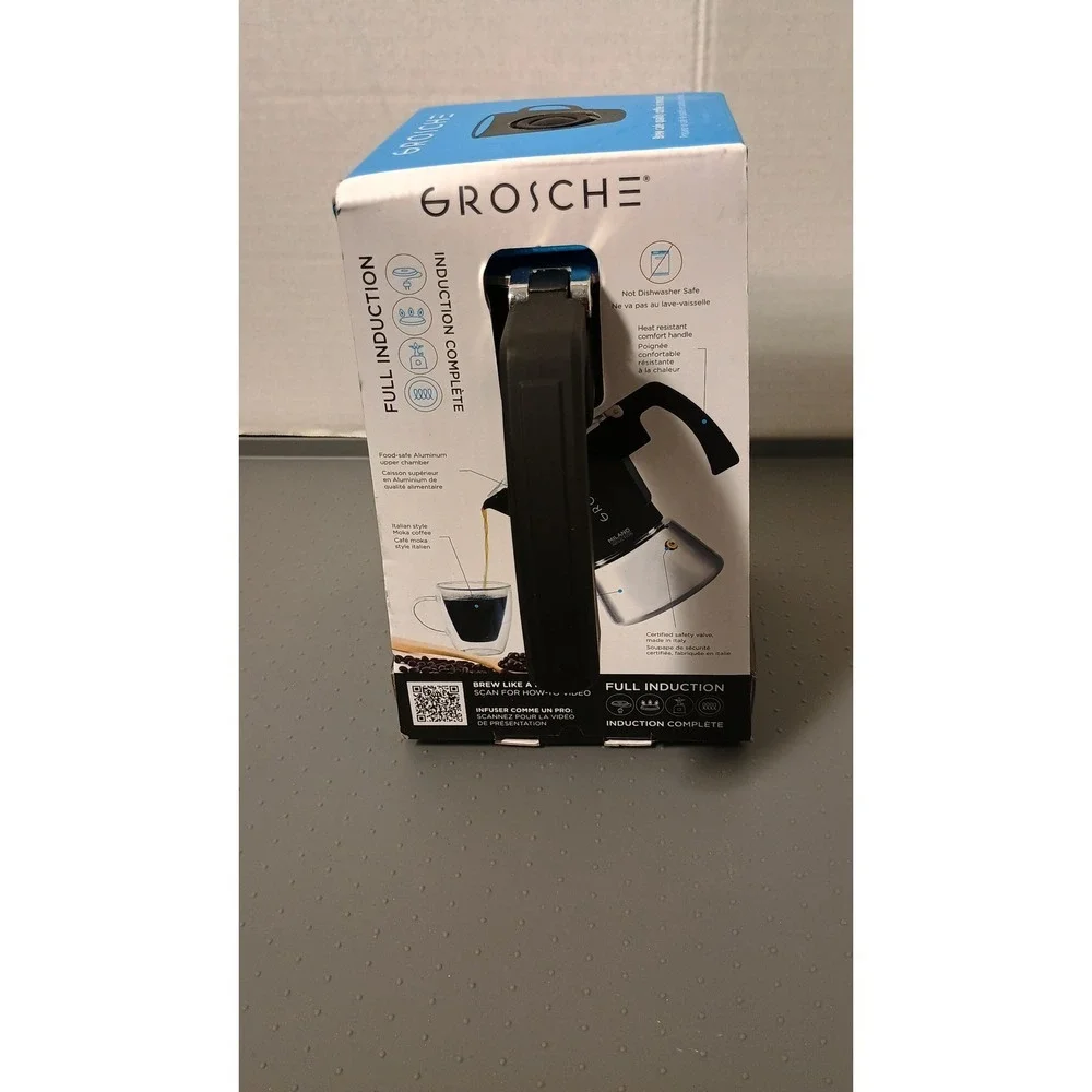 Grosche Milano Induction Espresso Maker 6 Cup Black Silver New Stovetop Moka Pot